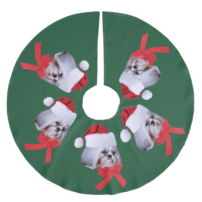 Christmas, Shih Tzu Dog, Santa Hat Brushed Polyester Tree Skirt (Front)