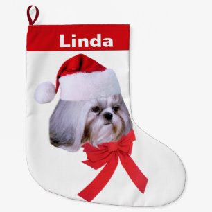Christmas, Shih Tzu Dog, Santa Hat, Customisable Large Christmas Stocking