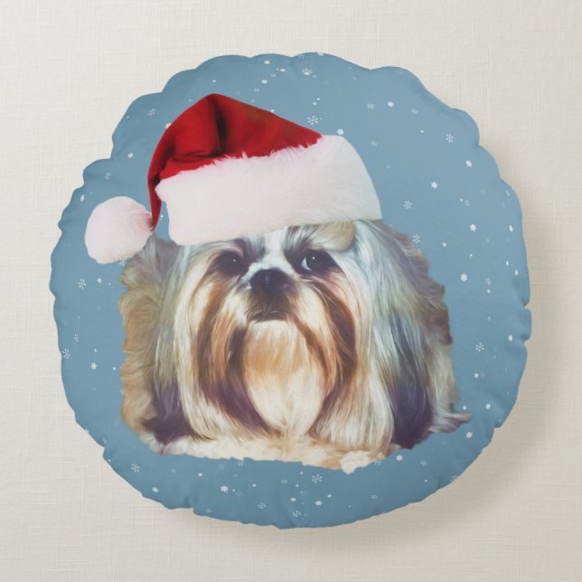 Christmas, Shih Tzu Dog, Santa Hat Round Cushion (Front)