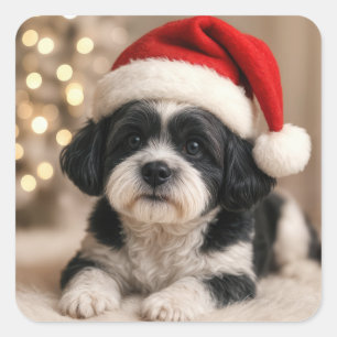 Christmas Shih Tzu Dog With Santa Hat Square Sticker