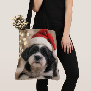 Christmas Shih Tzu Dog With Santa Hat Tote Bag