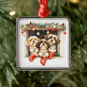 Christmas Shih Tzu Dogs Metal Tree Decoration