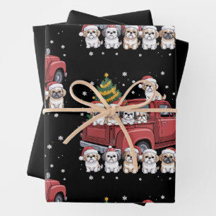Christmas Shih Tzu Dogs Red Truck Santa Hat Tree Wrapping Paper Sheet