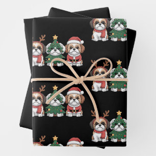 Christmas Shih Tzu Dogs Reindeer Antlers Xmas Tree Wrapping Paper Sheet