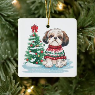 Christmas Shih Tzu Santa Dog Ceramic Ornament