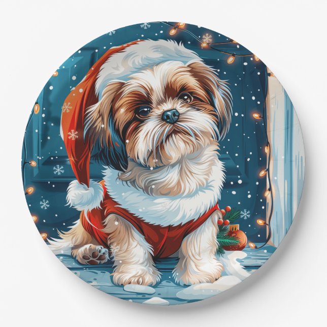 Christmas Shih Tzu Santa Dog Paper Plate (Front)