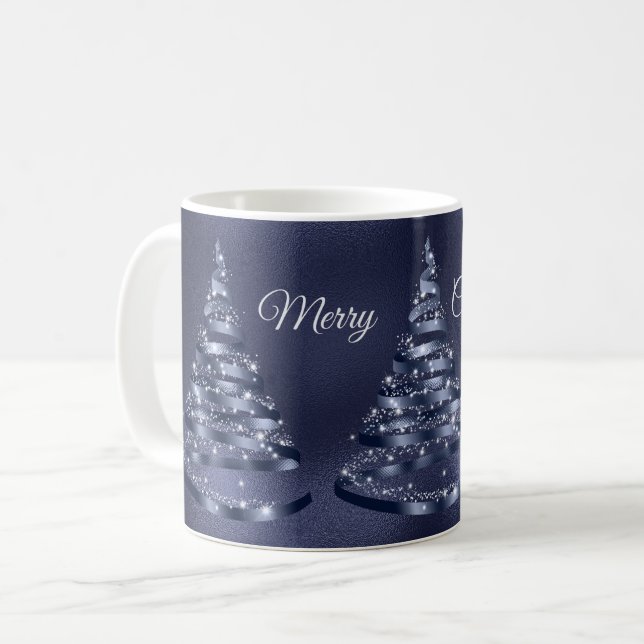 Christmas Shiny Blue Ribbon Tree Sparkle Coffee Mug (Front Left)