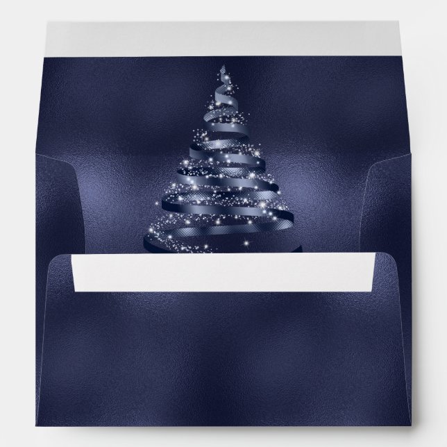 Christmas Shiny Blue Ribbon Tree Sparkle Envelope (Back (Bottom))
