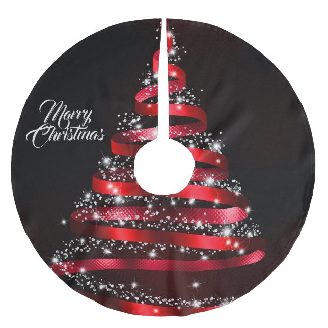 Christmas Shiny Red Ribbon Tree Sparkle Black Brushed Polyester Tree Skirt (Front)