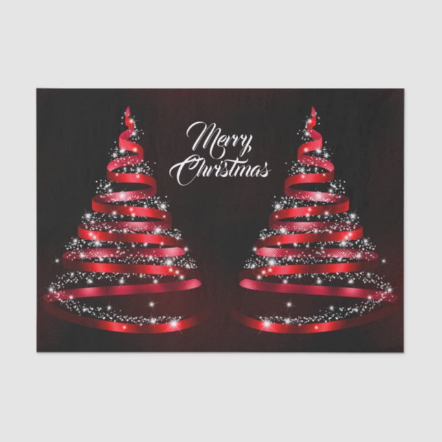 Christmas Shiny Red Ribbon Tree Sparkle Black Tissue Paper (Front)