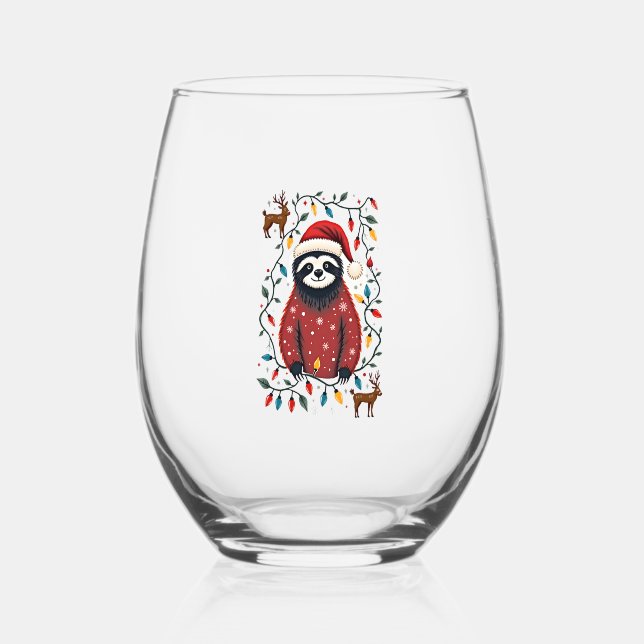 Christmas Shirt for Sloth Lover Gift Santa Buffalo Stemless Wine Glass (Front)
