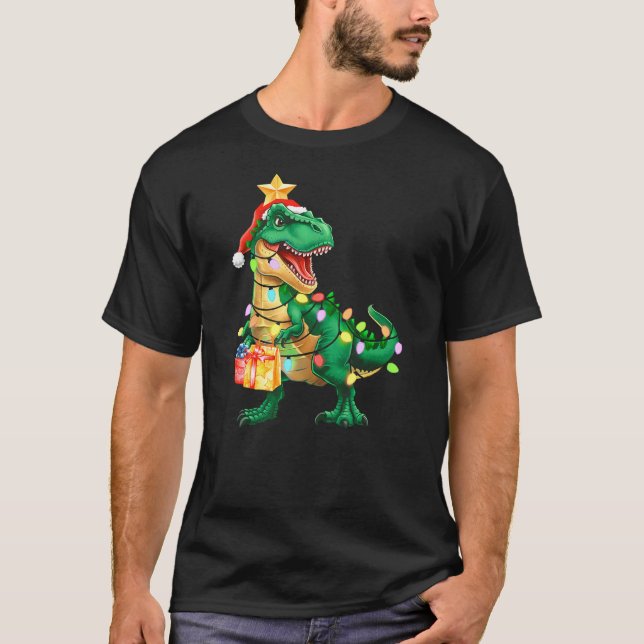 Christmas Shirts For Kids Xmas Tree Lights Dinosau (Front)