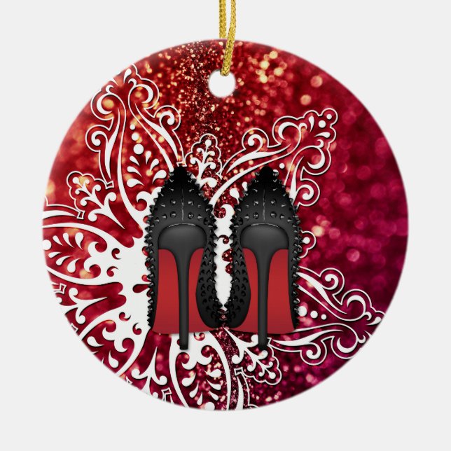 Christmas Shoes Stilettos fashion Snowflake Xmas Ceramic Tree Decoration (Front)