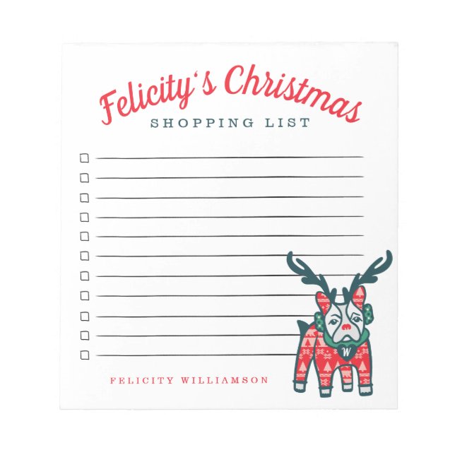 Christmas Shopping List French Bulldog Reindeer Notepad (Front)
