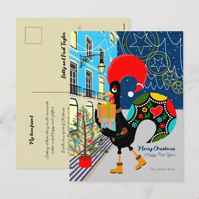 Christmas shopping with the Portuguese Rooster Holiday Postcard (Front/Back)
