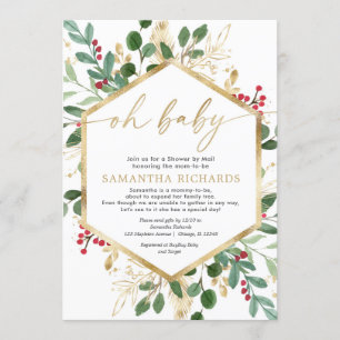 Christmas Shower by Mail gold red holly baby Invitation