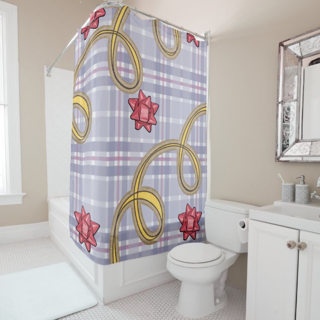 Christmas Shower Curtain, Blue Plaid Red Bow Shower Curtain (In Situ)