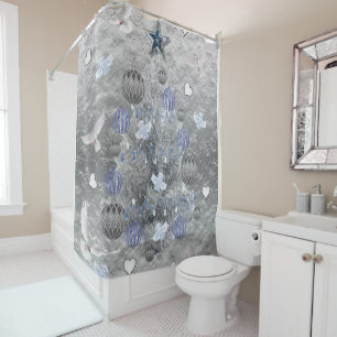 Christmas Shower Curtain, Blue Silver Tree Curtain