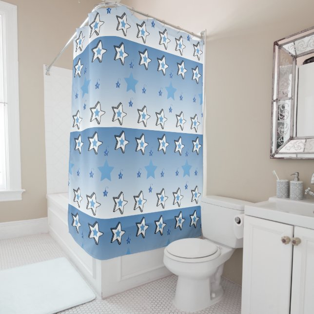 Christmas Shower Curtain Blue White Stars (In Situ)