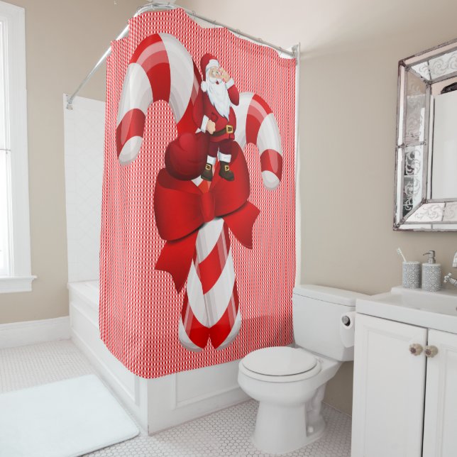 Christmas Shower Curtain, Candy Cane Santa Shower Curtain (In Situ)