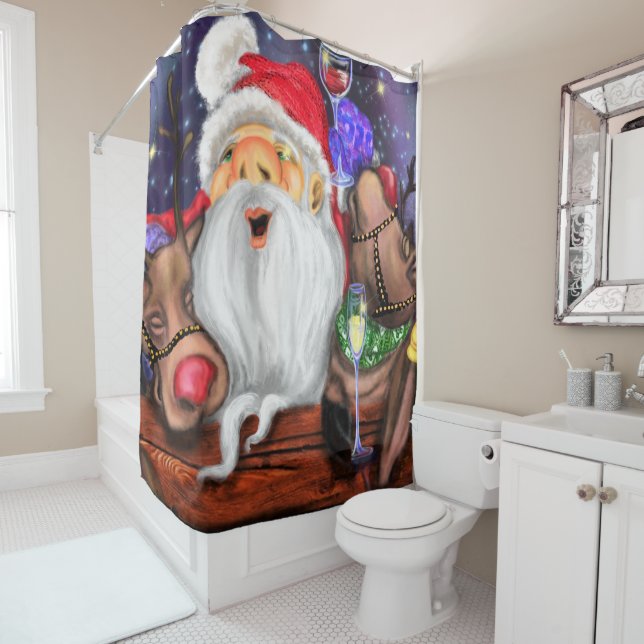 Christmas Shower Curtain Funny Santa and Reindeers (In Situ)