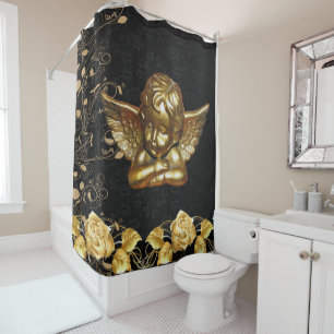 Christmas Shower Curtain, Gold Angel Curtain