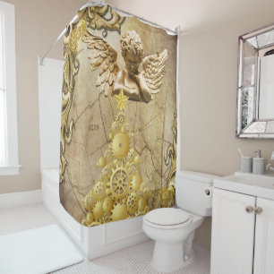 Christmas Shower Curtain, Gold Angel Curtain