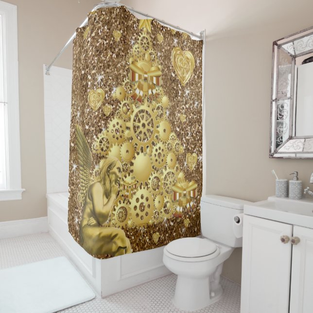 Christmas Shower Curtain, Gold Angel Shower Curtain (In Situ)