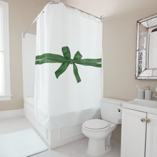 Christmas Shower Curtain, Green Bow Shower Curtain (In Situ)