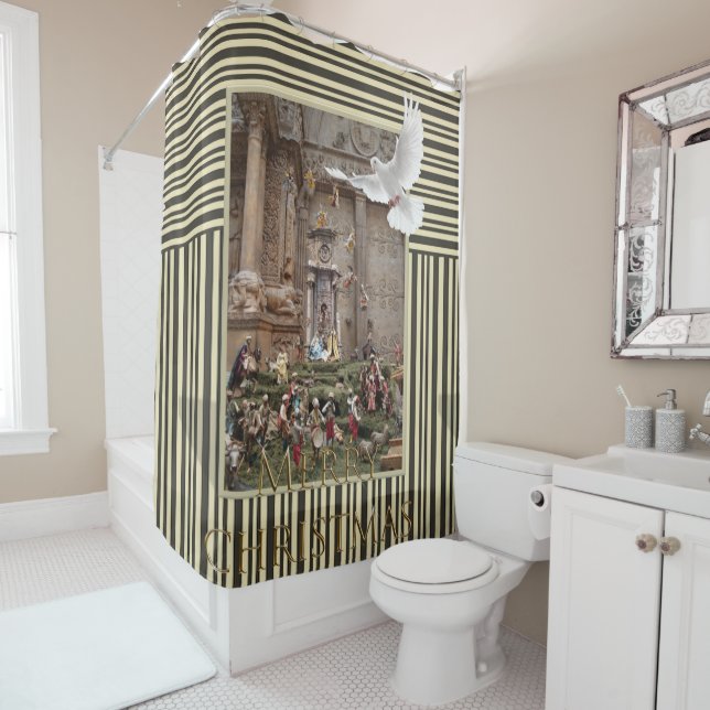 Christmas Shower Curtain, Jesus Stripe Shower Curtain (In Situ)