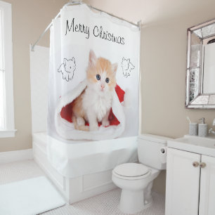 Christmas Shower Curtain, Merry Christmas Kitten Curtain