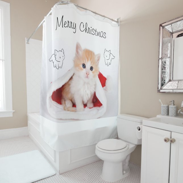 Christmas Shower Curtain, Merry Christmas Kitten Shower Curtain (In Situ)