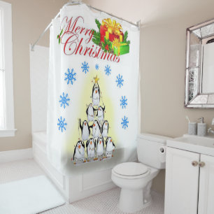 Christmas Shower Curtain, Merry Christmas Penguin Curtain