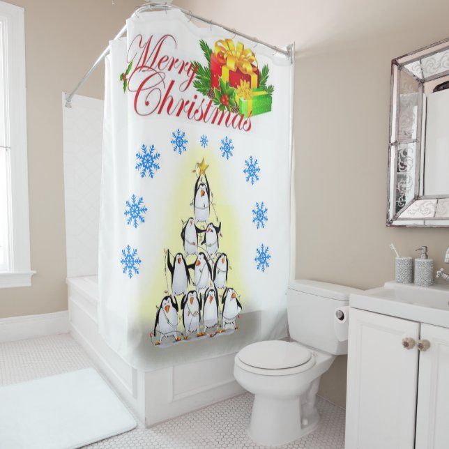 Christmas Shower Curtain, Merry Christmas Penguin Shower Curtain (In Situ)