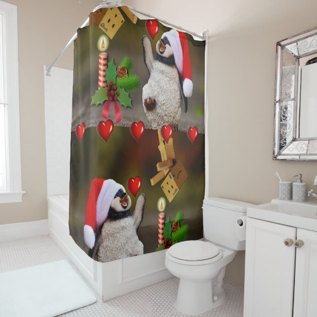 Christmas Shower Curtain, Penguin Shower Curtain (In Situ)