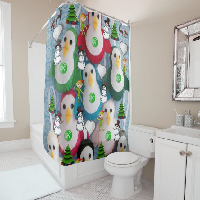Christmas Shower Curtain, Penguin Shower Curtain (In Situ)