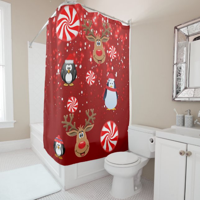 Christmas Shower Curtain, Penguin Shower Curtain (In Situ)