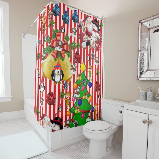 Christmas Shower Curtain, Penguin Stripe Shower Curtain (In Situ)