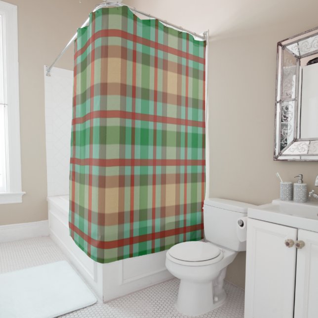 Christmas Shower Curtain, Red Green Plaid  Shower Curtain (In Situ)