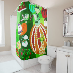 Christmas Shower Curtain, Red Green Stars Stripe Curtain