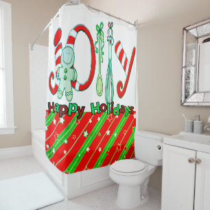 Christmas Shower Curtain, Red Green Stars Stripe  Shower Curtain