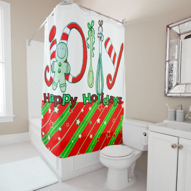 Christmas Shower Curtain, Red Green Stars Stripe  Shower Curtain (In Situ)