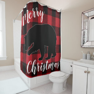 Christmas Shower Curtain Red Plaid Black Bear