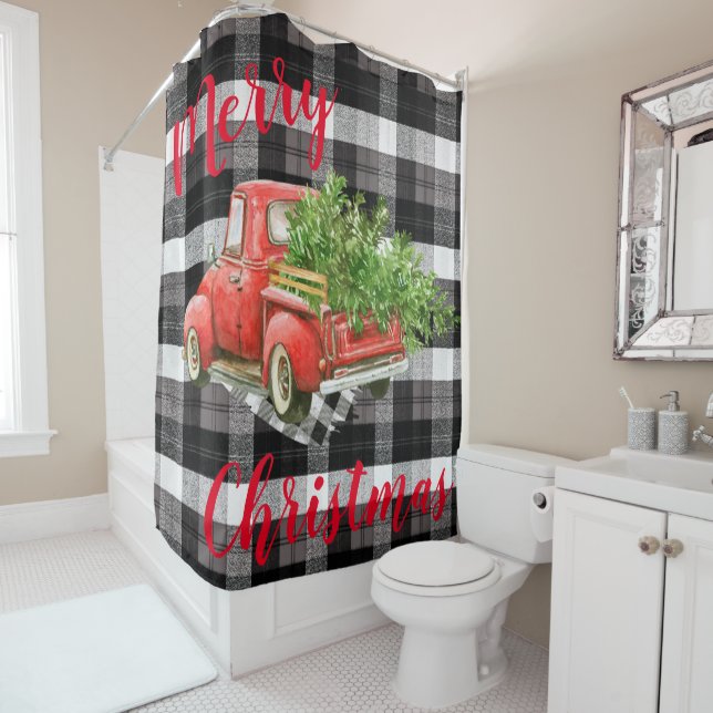 Christmas Shower Curtain Red XMAS Truck Plaid (In Situ)