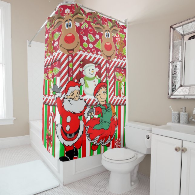 Christmas Shower Curtain, Reindeer Santa Snowman Shower Curtain (In Situ)