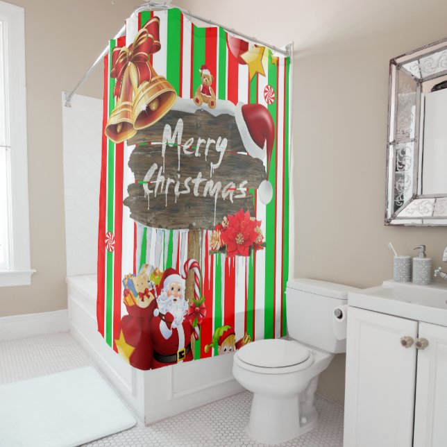 Christmas Shower Curtain, Santa Stripe Shower Curtain (In Situ)
