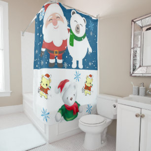Christmas Shower Curtain, Santa Teddy Bear Curtain