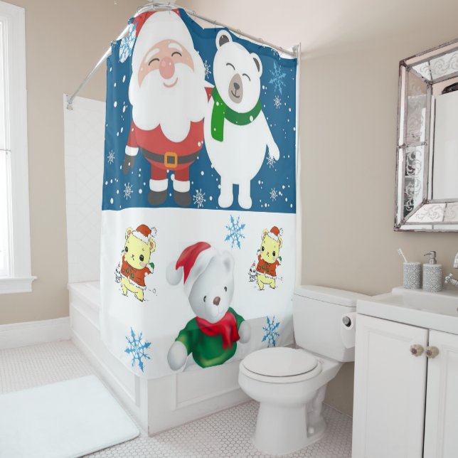 Christmas Shower Curtain, Santa Teddy Bear Shower Curtain (In Situ)