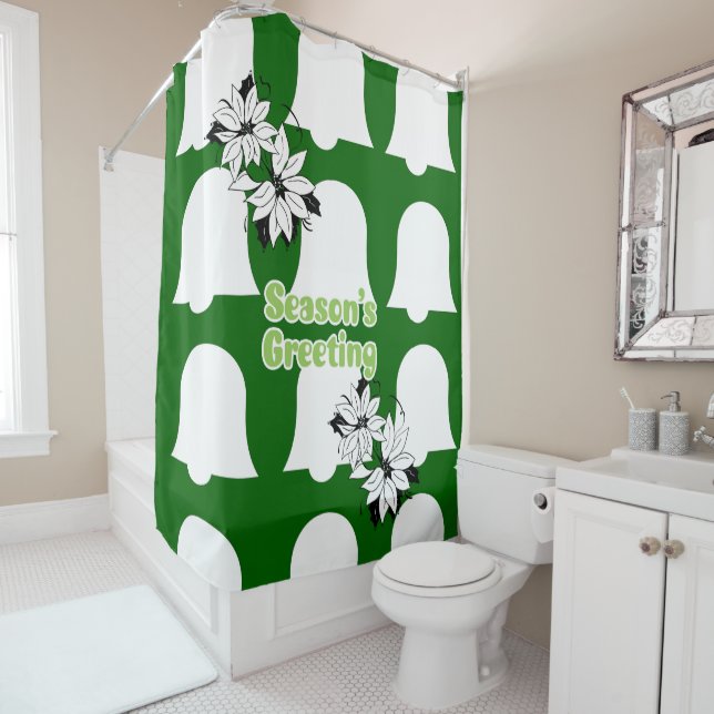 Christmas Shower Curtain, Season's Greetings Green Shower Curtain (In Situ)