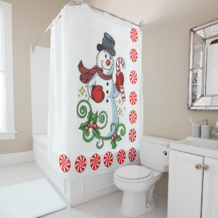 Christmas Shower Curtain, Snowman, Peppermint Curtain